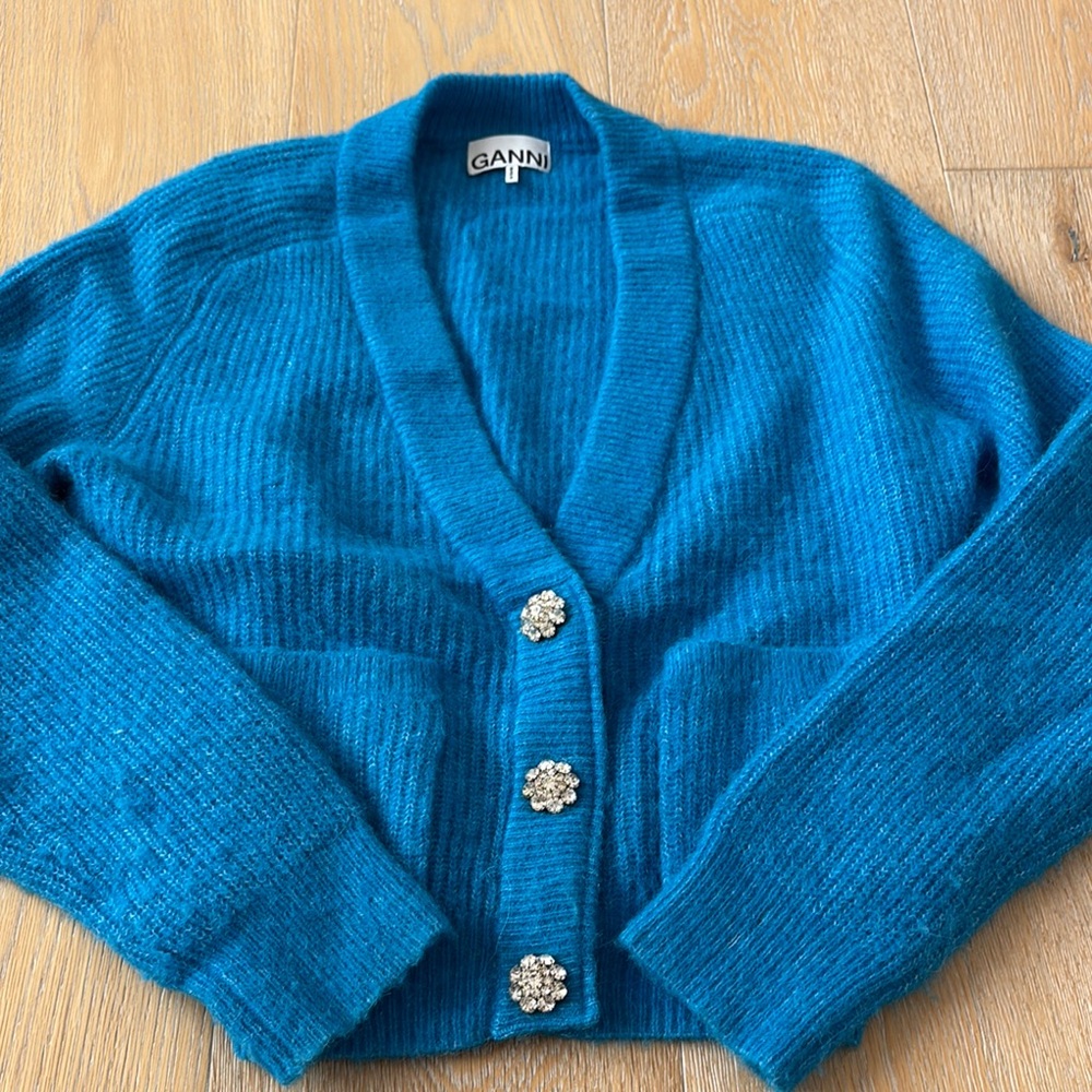 Ganni Blue Cropped Cardigan Sweater